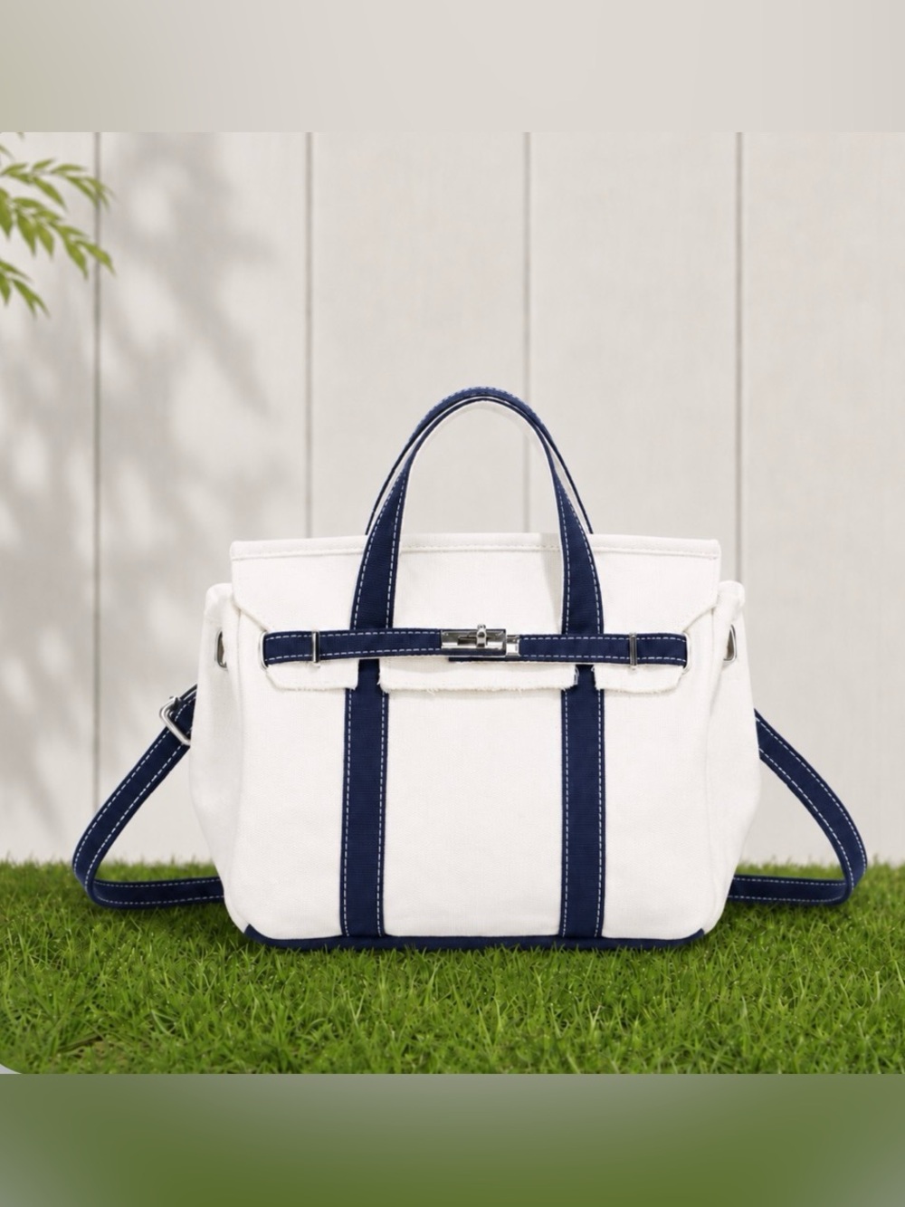 Small White & Navy Blue Canvas Tote Bag with Adjustable Strap